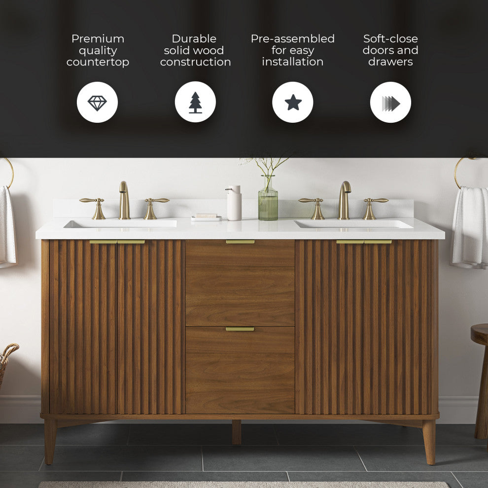 OVE Decors Gabi Single Sink Bathroom Vanity, Warm Walnut, 60", Double Sink