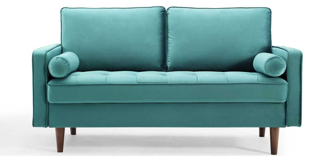 Loveseat Sofa, Velvet, Teal Blue, Modern, Living Lounge Hotel Lobby Hospitality