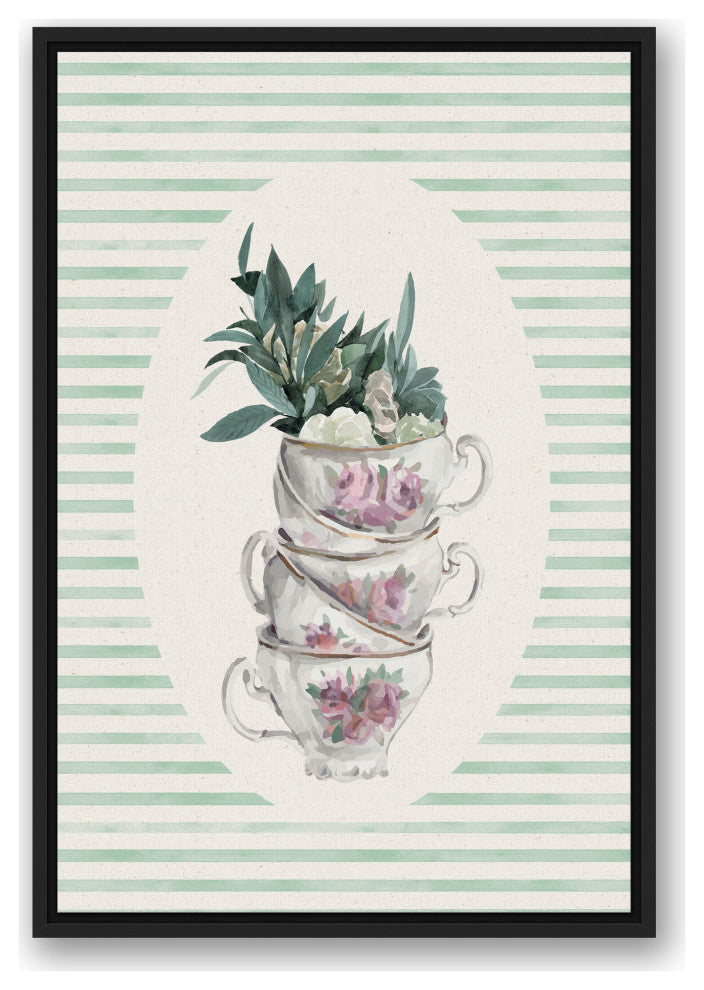 Stack Of Tea Cups Floral Stripes 6 20x30 Black Floating Framed Canvas