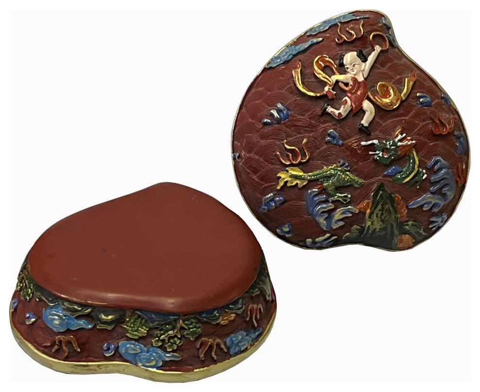 Chinese Mix Color Red Resin Lacquer Peach Shape Box Display Art Hws2569