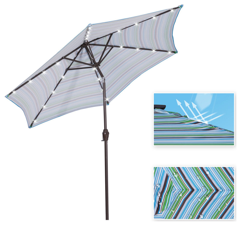 9' Outdoor Patio Steel Market Umbrella With 24 LED Lights, Blue Striped