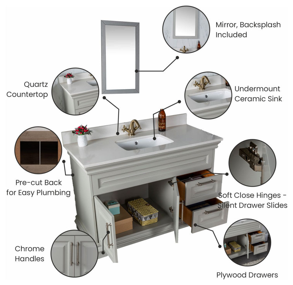 Romana Collection 48" Bathroom Vanity With Sink, Mirror, Countertop, Gray