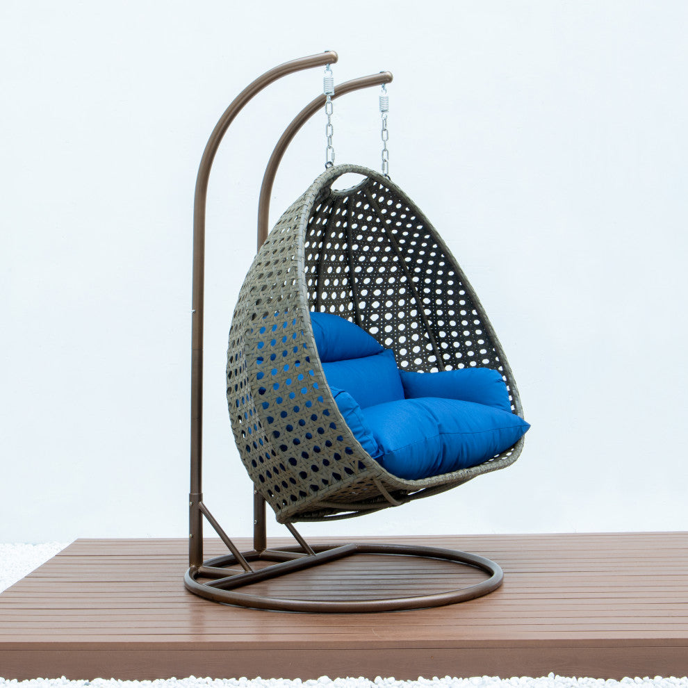 2 Person Beige Wicker Double Hanging Egg Swing Chair, Blue