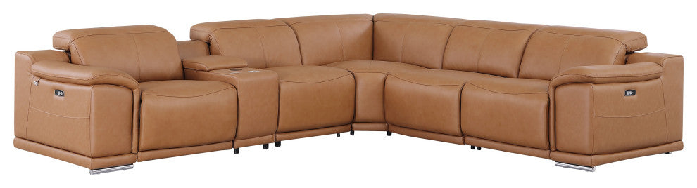 Federico 6-Piece L-Shaped Top Grain Italian Leather Sectional, Cognac