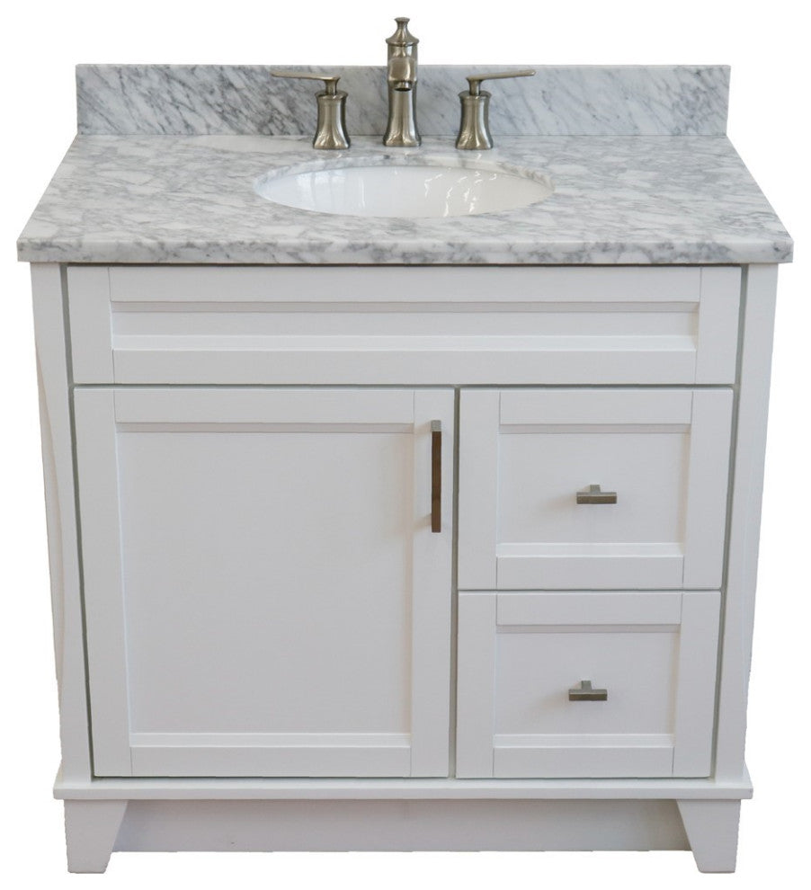 37" Single Sink Vanity, White Finish With White Carrara Marble