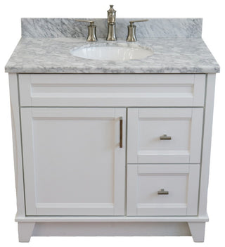 37" Single Sink Vanity, White Finish With White Carrara Marble