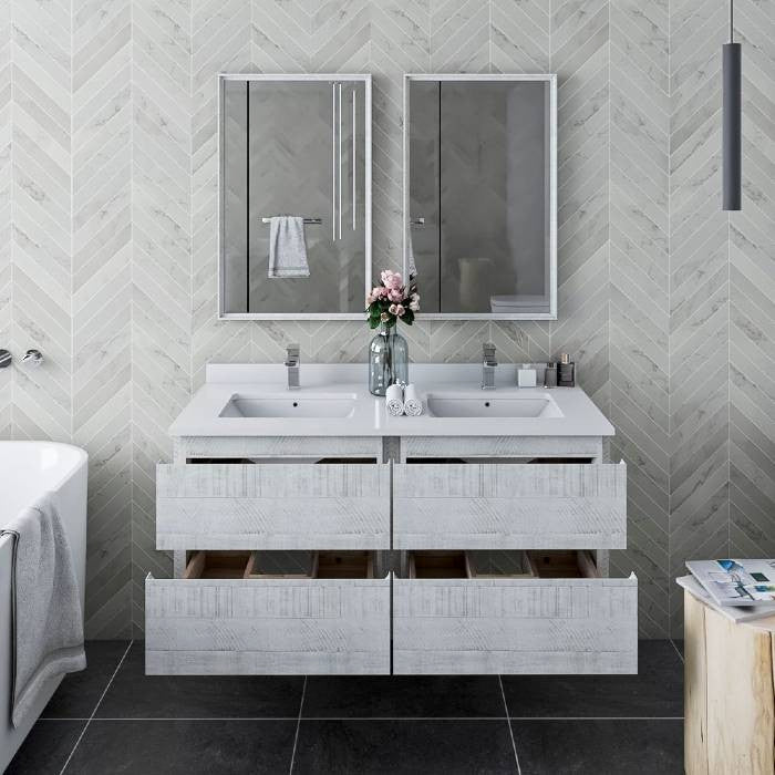 Formosa Modern 48" Rustic White Wall Hung Double Sink Vanity Set, Faucet Fft3811
