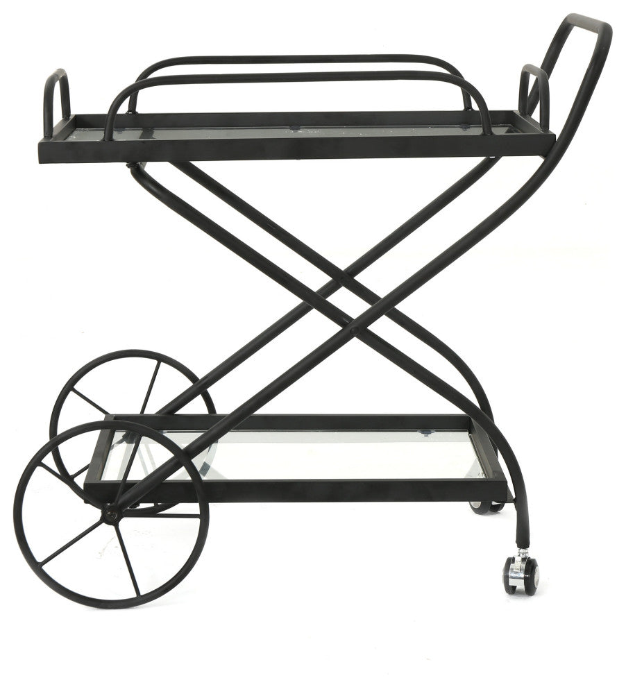 GDF Studio Presley Indoor Black Iron Bar Cart With Tempered Glass Shelves