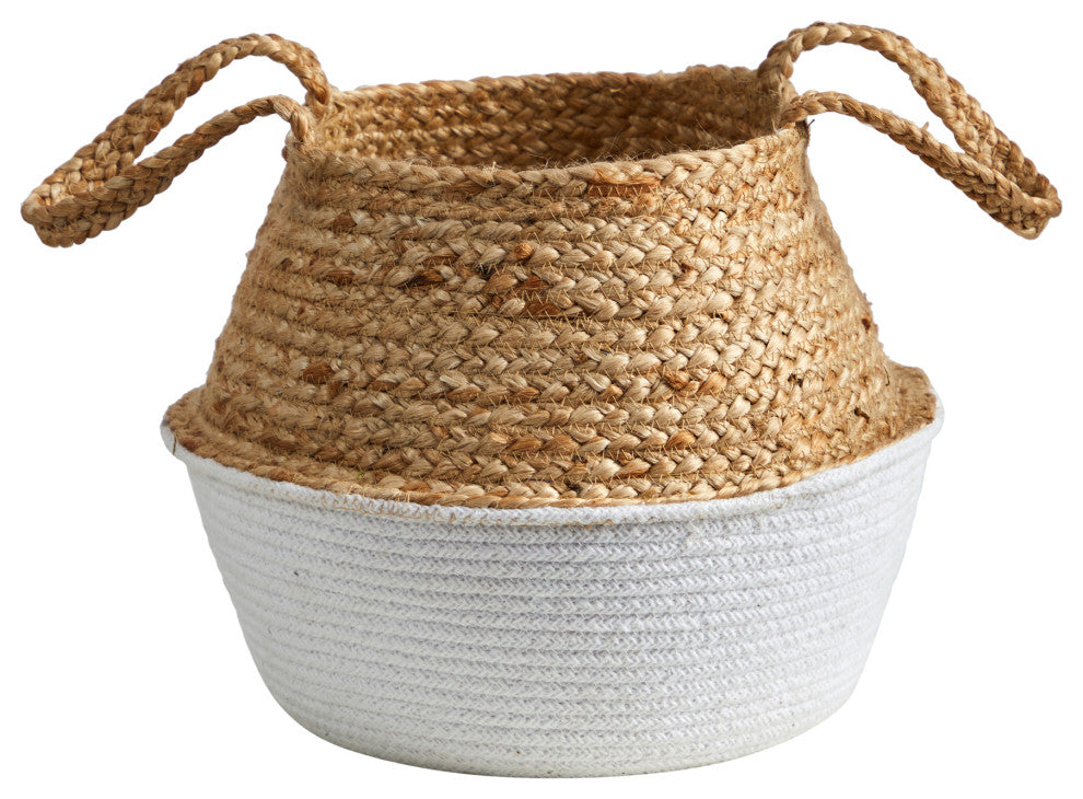 14" Boho Chic Handmade Cotton and Jute White Woven Basket Planter