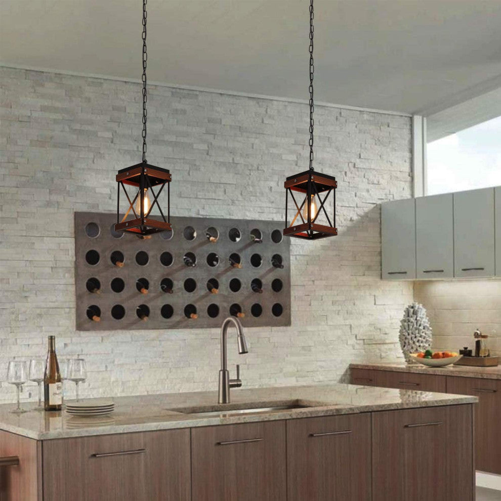Farmhouse Square Wood Pendant Lighting for Kitchen Island Black Cage