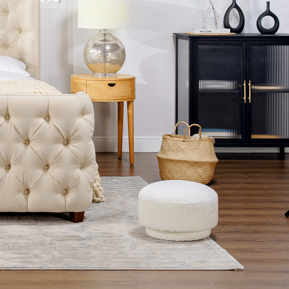 Fuji 15" Mushroom Footstool Ottoman, Ivory White Boucle