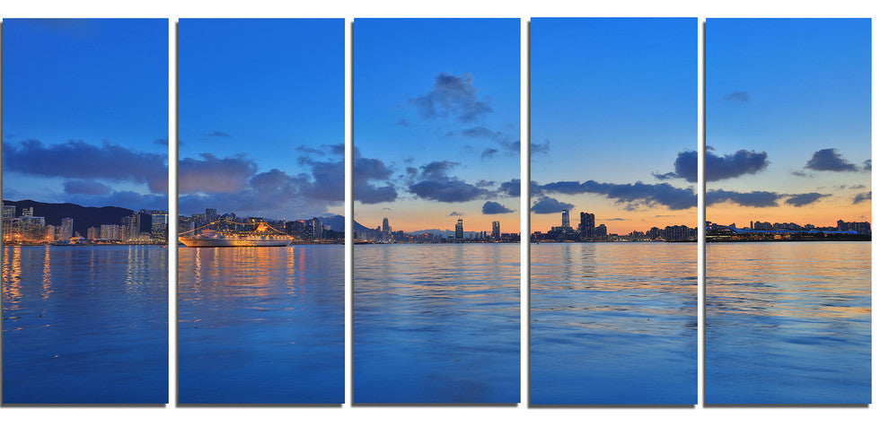 Hong Kong Skyline at Summer Night, Abstract Wall Art Canvas, 60"x28", 5 Panels