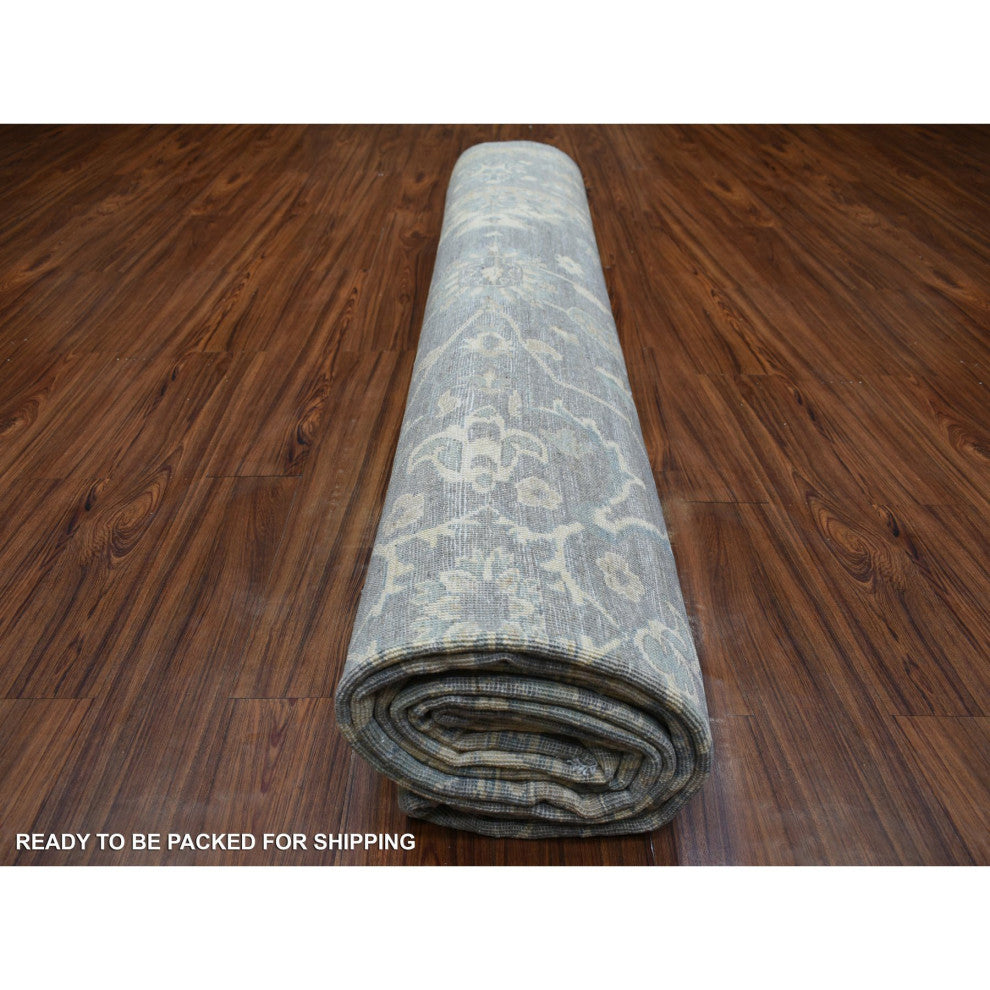 Light Gray, Fine Peshawar, Soft Wool Hand Knotted Oversized Rug, 12'0"x14'6"