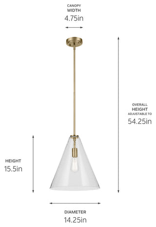 Everly 15.5" 1-Light Cone Pendant With Clear Seeded Glass, Natural Brass