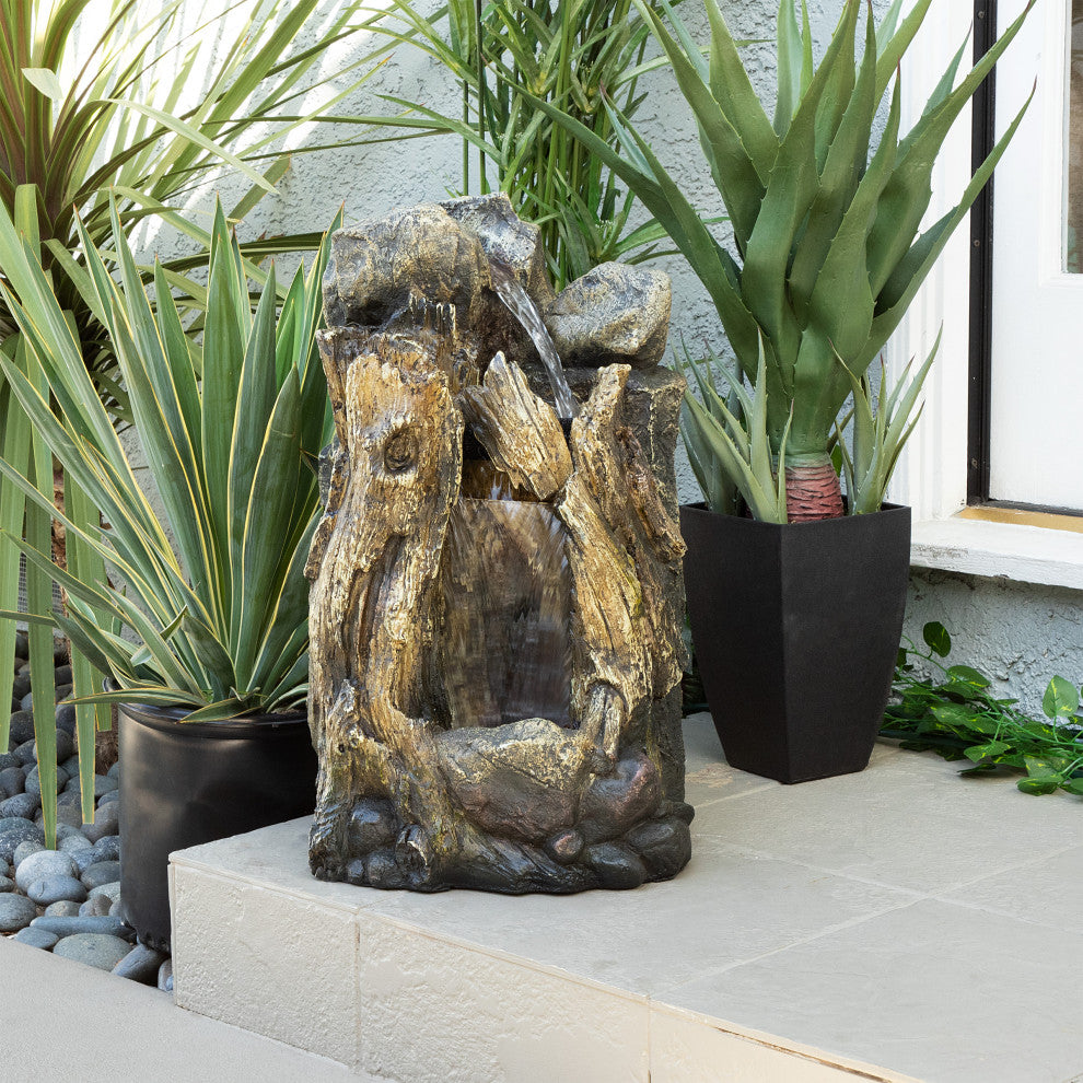 Alpine Rainforest Waterfall Tree Trunk Fountain With LED Lights, 22" Tall