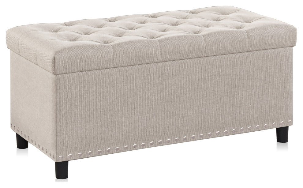 35" Storage Ottoman, Button-Tufted Linen Storage Bench - Beige