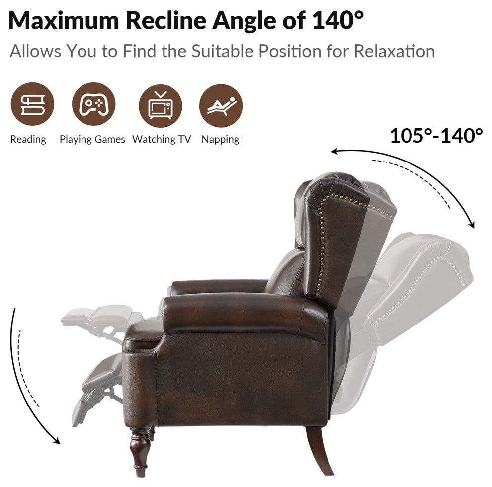 Genuine Leather Manual Recliner With Brass Nailhead, Espresso