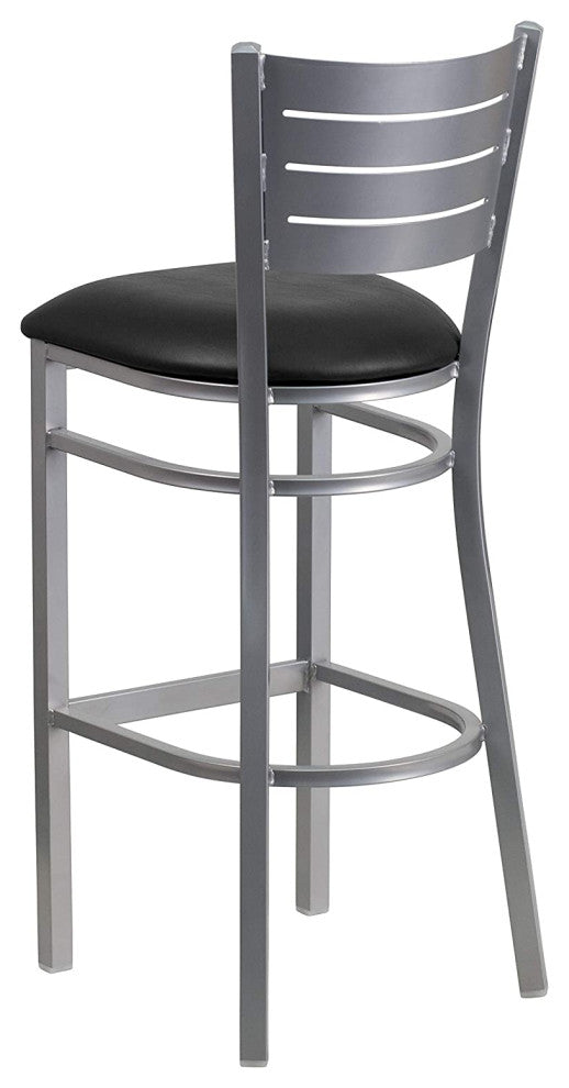 Set of 2 Bar Stool, Silver Metal Frame With Ladder Backrest, Black Vinyl Seat