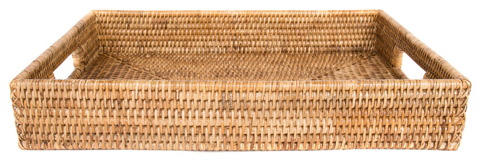 Artifacts Rattan Rectangular Tray With Cutout Handles, Honey Brown