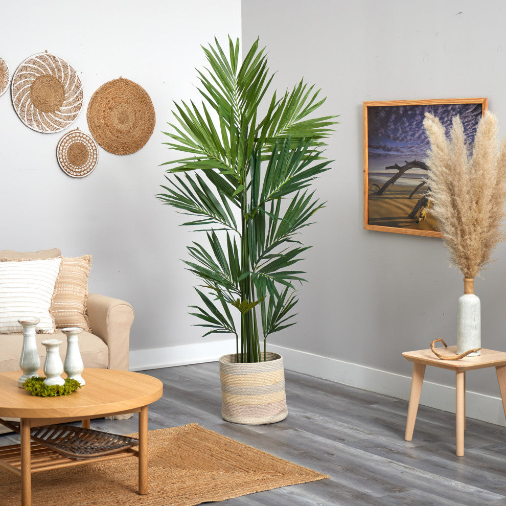 7' Kentia Artificial Palm in Handmade Natural Cotton Multicolored Woven Planterr