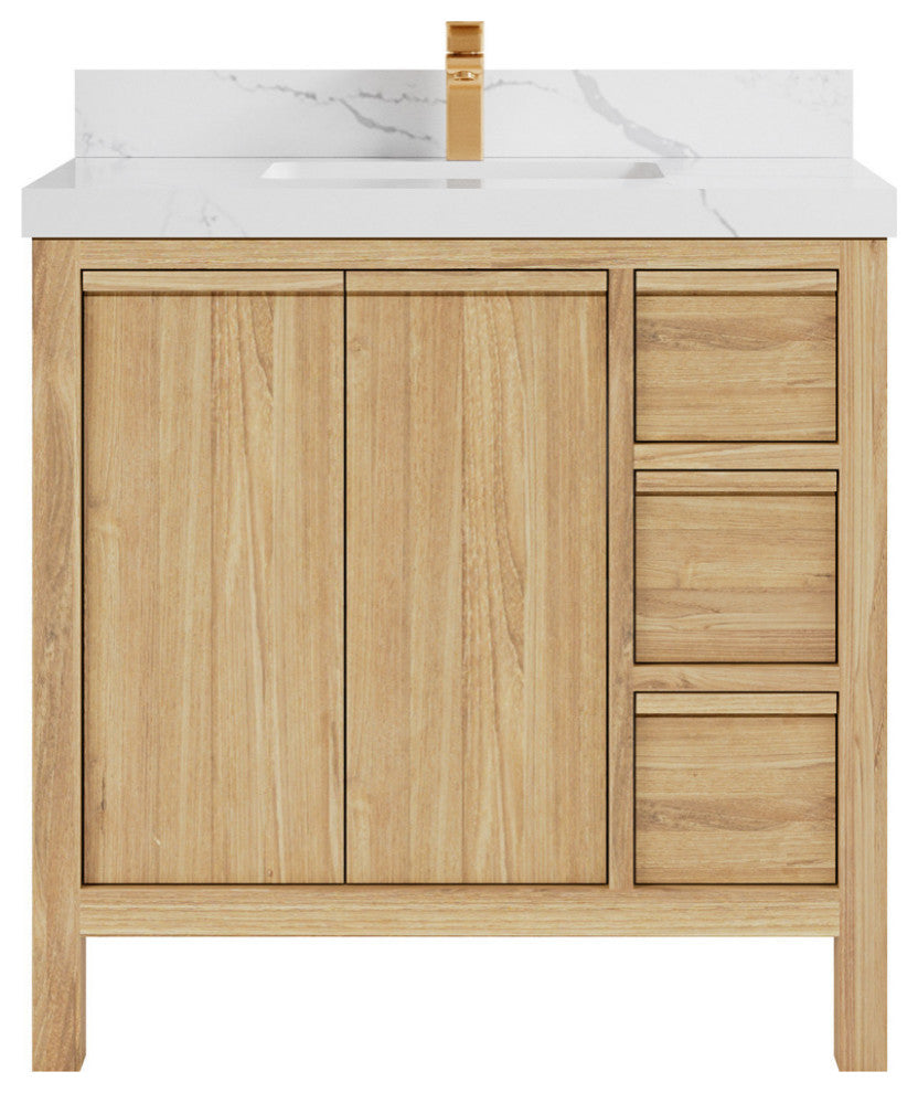 Elizabeth 36 Center Sink Bath Vanity in Light Natural Teak 2" Calacatta Laza