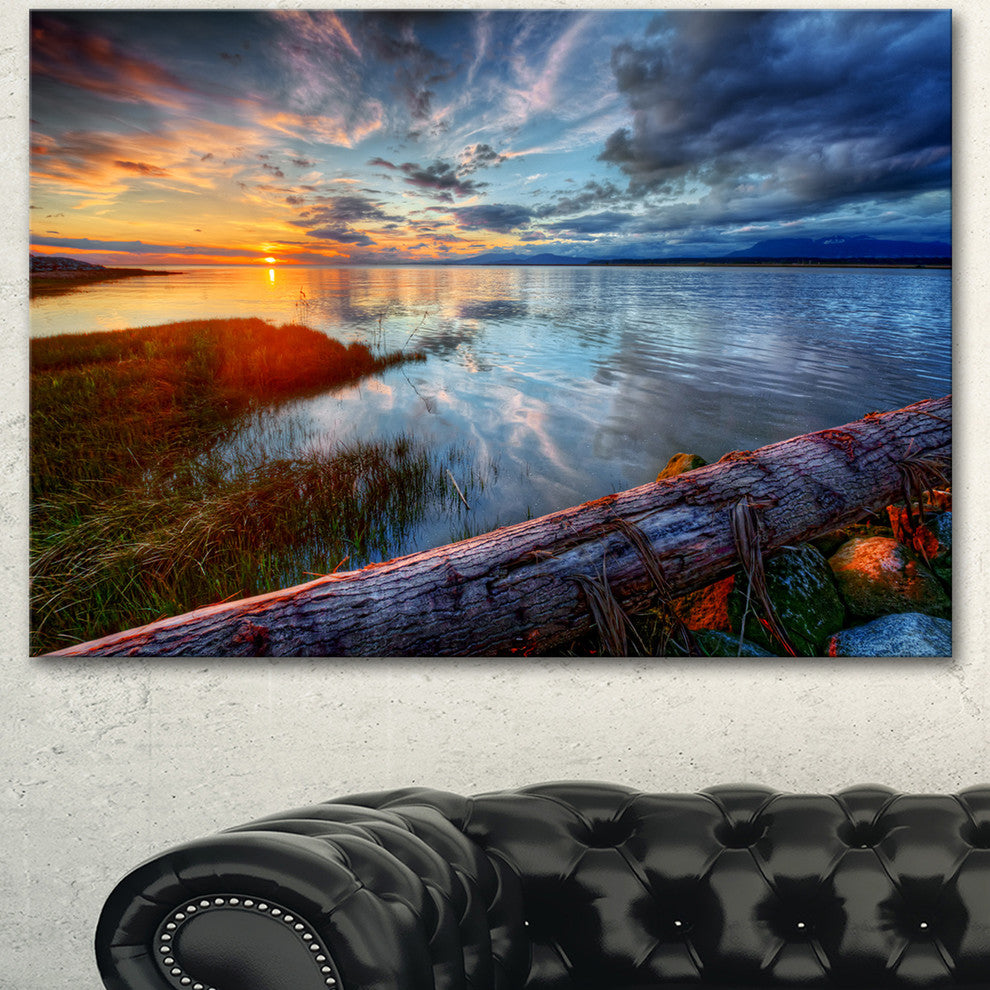 Colorful River Sunset With Log, Seashore Canvas Art Print, 60"x28"
