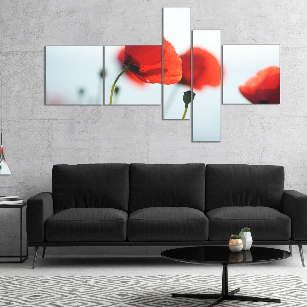 Poppies on Background of Sea, Floral Canvas Art Print, 60"x32", 5 panels