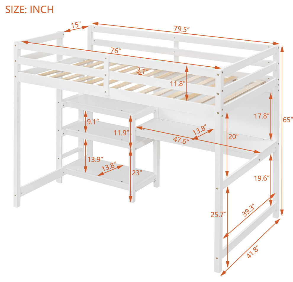 Gewnee Twin Size Wooden Loft Bed with Shelves in White