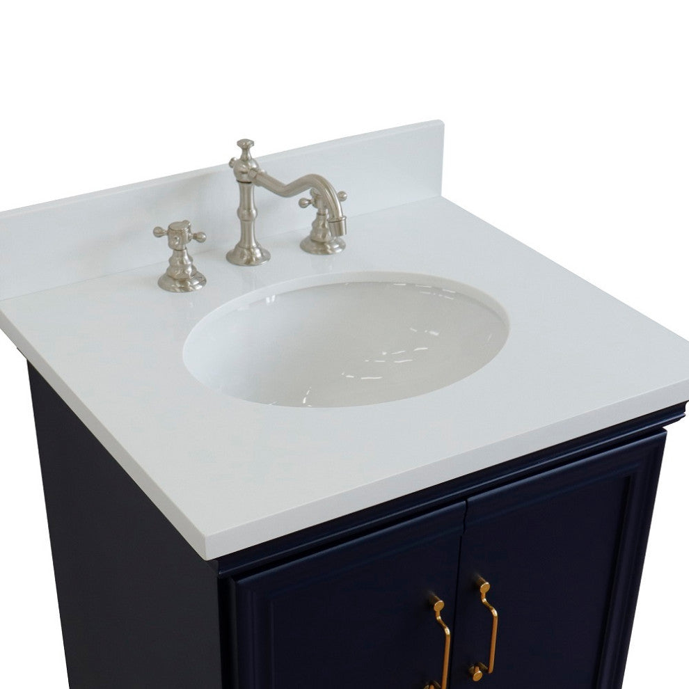 25" Single Vanity, Blue Finish With White Engineered Stone Top And Oval Sink