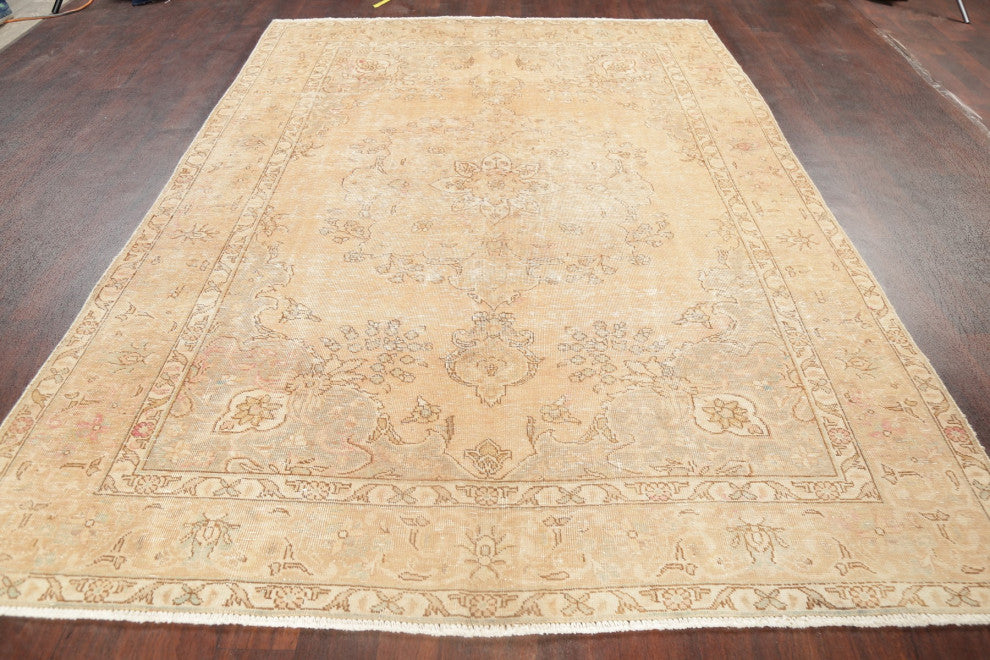 Consigned, Vintage Distressed Handmade Persian Traditional Area Rug, Beige, 6x9
