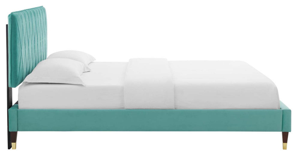Platform Bed Frame, Queen Size, Velvet, Blue, Modern Contemporary, Bedroom