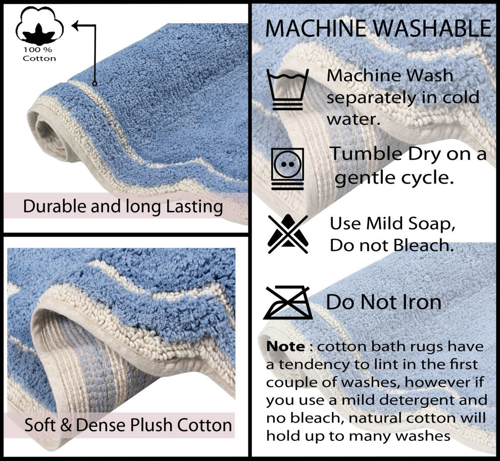 Allure Collection Absorbent Cotton Machine Washable 3-Piece Rug Set, Blue