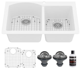 Karran Drop-In Quartz 33" 1-Hole 60/40 Double Bowl Sink Kit, White