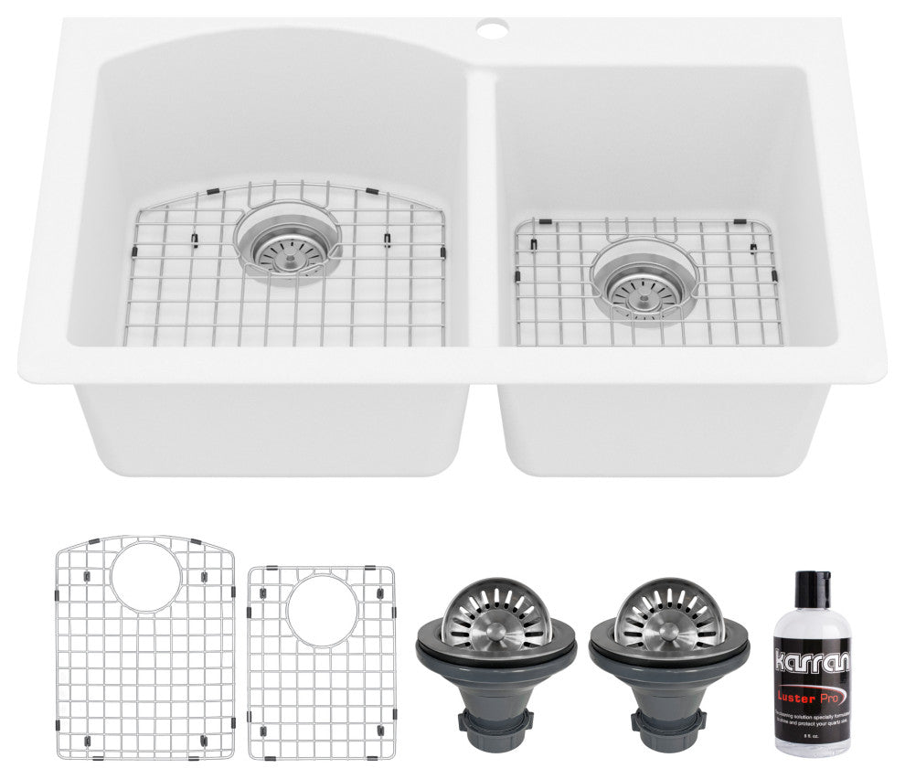 Karran Drop-In Quartz 33" 1-Hole 60/40 Double Bowl Sink Kit, White