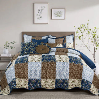 Patchwork Quilted 8-Piece Bed Spread Coverlet Set, Dark Blue, Queen