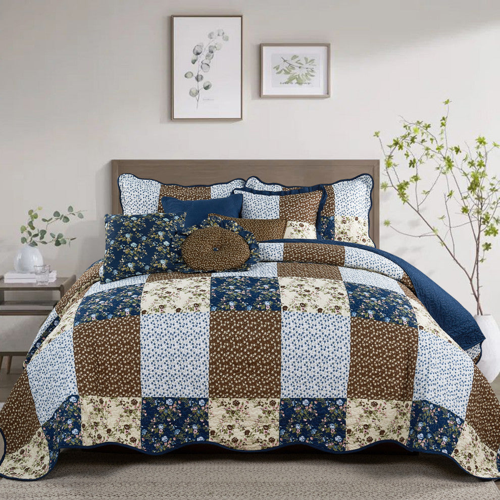 Patchwork Quilted 8-Piece Bed Spread Coverlet Set, Dark Blue, Queen