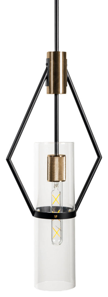 Everly Single Light Metal and Glass Pendant, Black and Brass