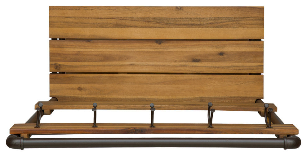 GDF Studio Carlos Outdoor Industrial Acacia Wood Bench With Shelf and Coat Hooks, Teak