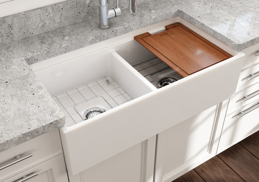Bocchi Contempo 36D White Double Bowl Fireclay Farmhouse Sink W/ Integrated Work