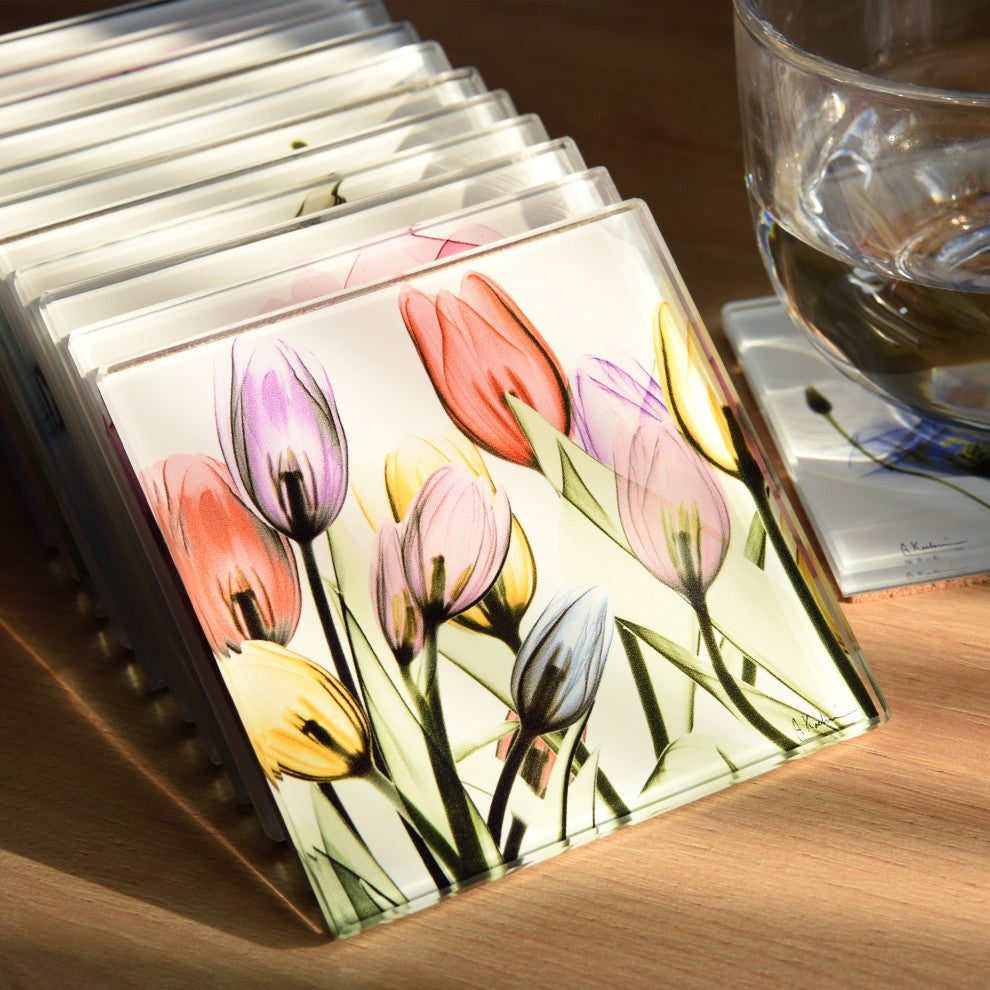 Lovely Flowers Glass Coasters With Cork Bottom, Set of 12 florals