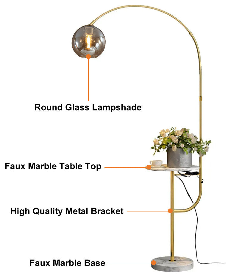 Modern Arc Floor Lamp With Shelf & Wireless Charger & USB Charging Port