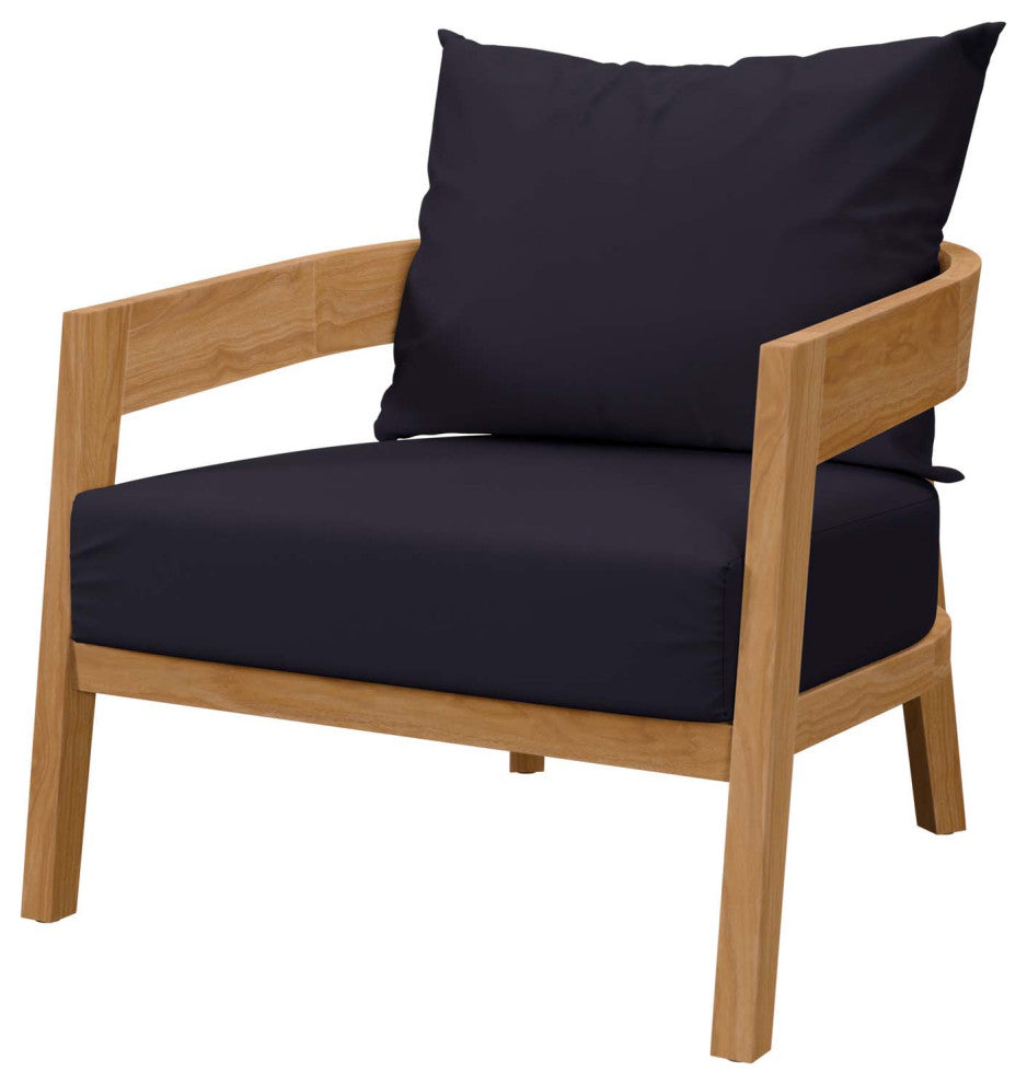 Sectional Sofa Chair Table Set, Blue Navy Natural, Teak Wood, Outdoor Patio