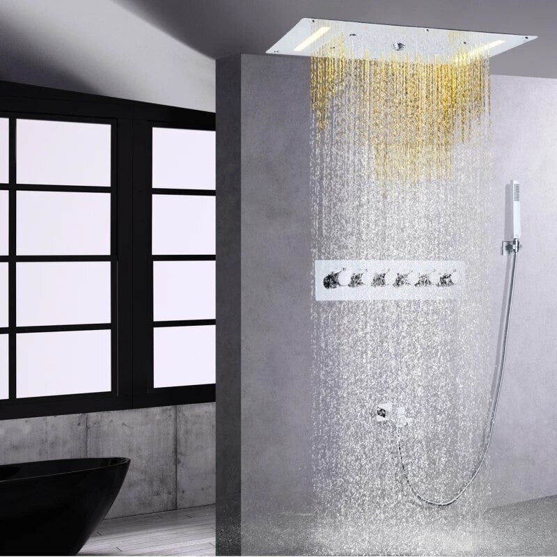Led Mist Rainfall Shower System and Handheld Shower, Chrome Polished