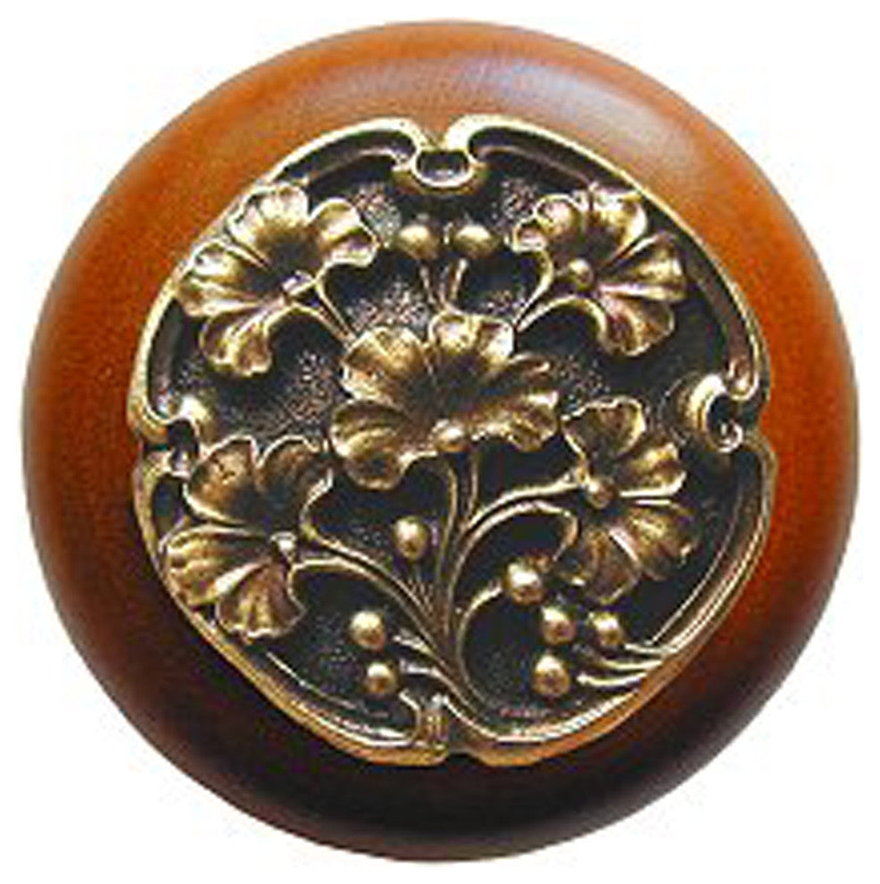Ginkgo Berry Wood Knob, Antique Brass, Cherry Wood Finish, Antique Brass