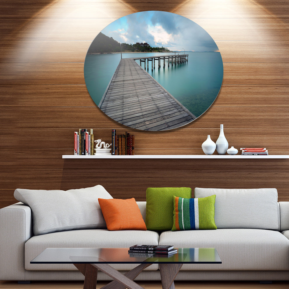 Wooden Bridge To Calm Ocean, Modern Bridge Round Wall Art, 38"