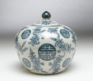 Blue and White Round Jar With Lid