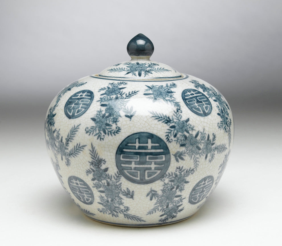 Blue and White Round Jar With Lid