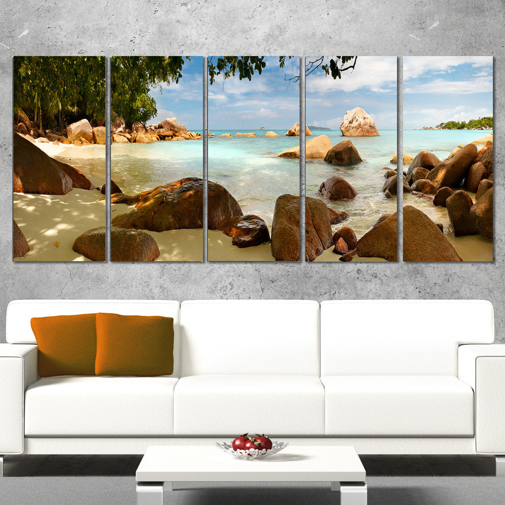 "Tropical Rocky Beach Panorama" Wall Art Landscape, 5 Panels, 60"x28"