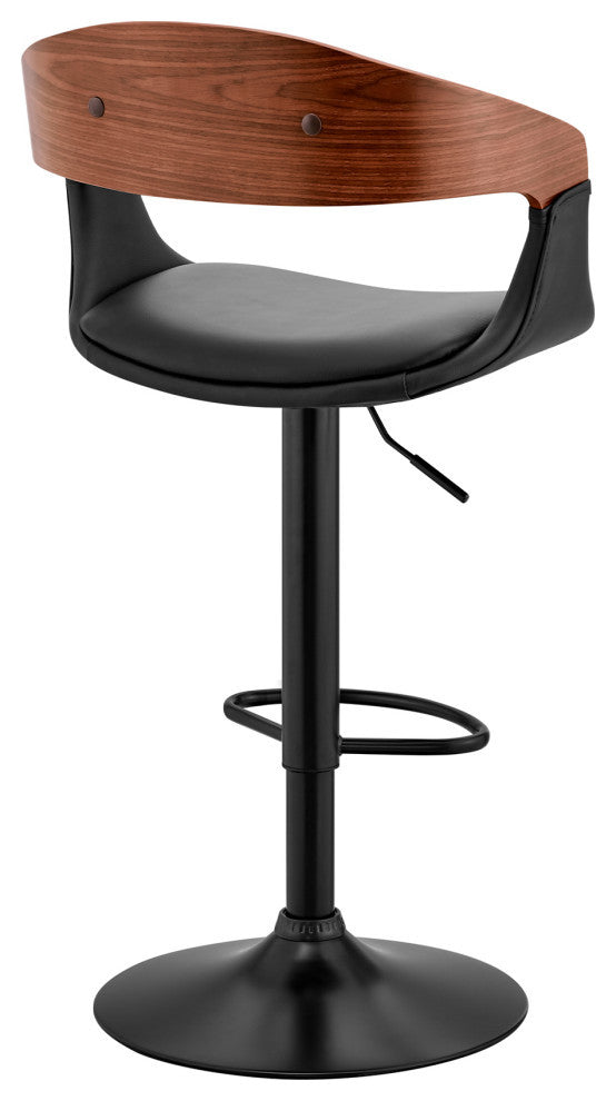 Benson Adjustable Faux Leather and Wood Bar Stool With Metal Base, Black and Wal