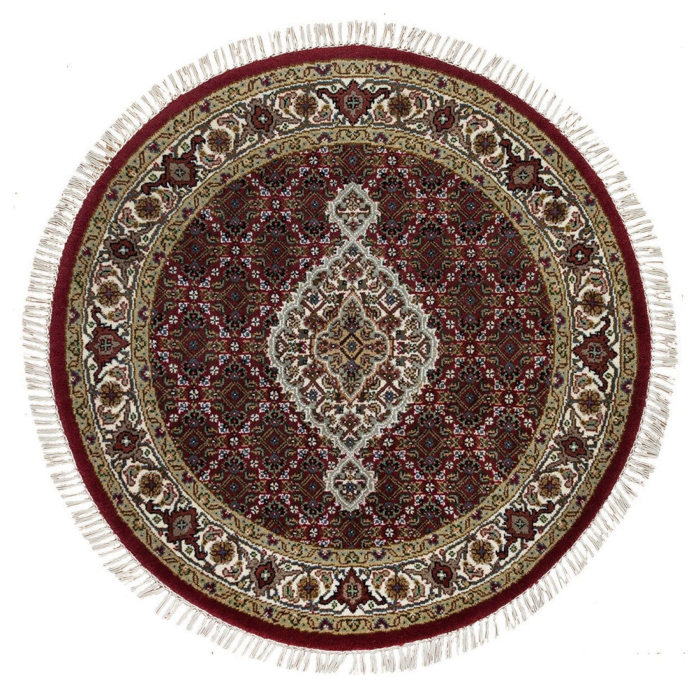 Mahogany Red Tebraz Mahi Design 175 KPSI Wool Hand Knotted Round Rug 3'4"x3'4"